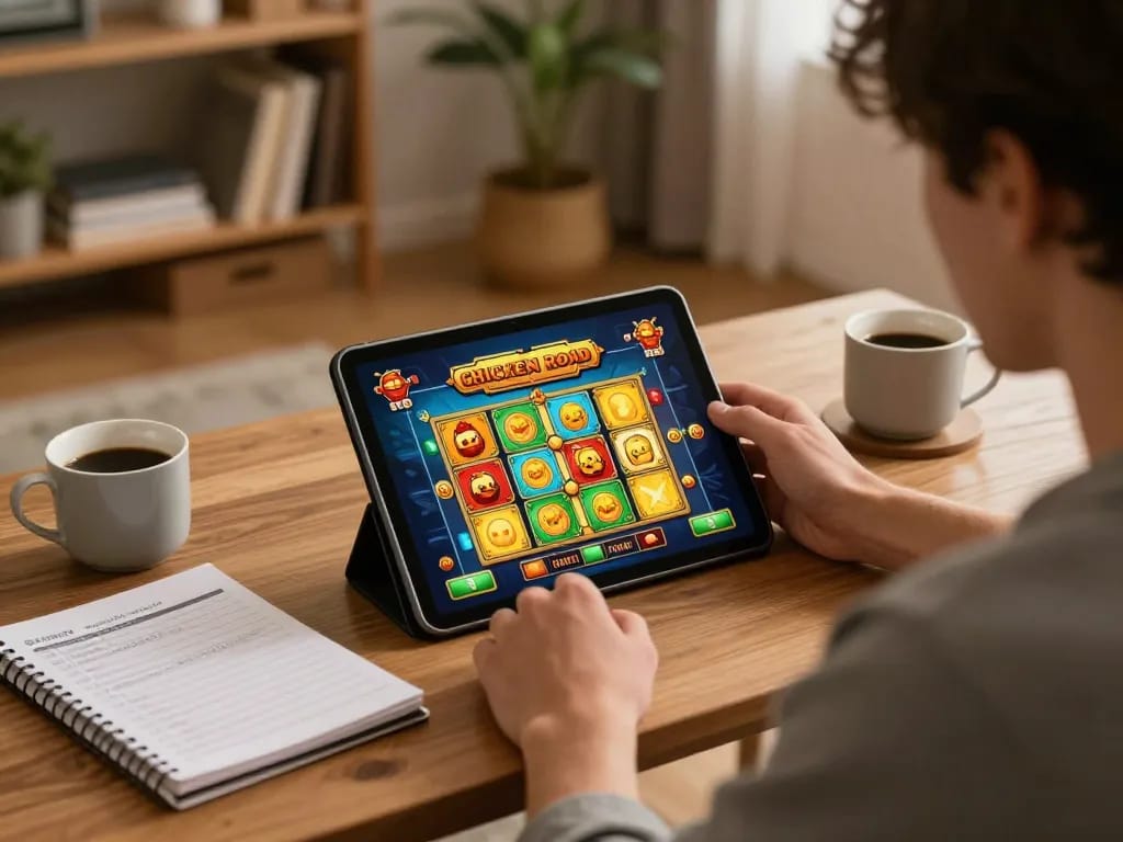 Giocatore che si diverte con le recensioni di chicken road su un tablet in un accogliente setup di gioco domestico, evidenziando un gameplay strategico