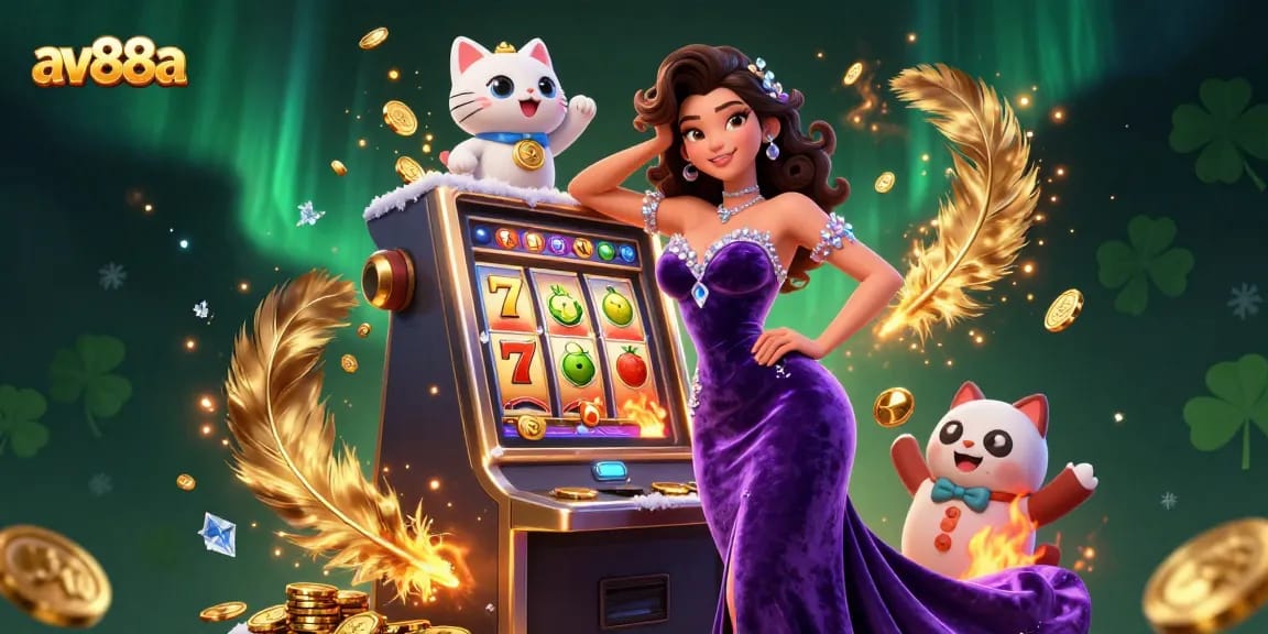 Engage with av88a's thrilling slot machine jackpots featuring a dazzling character and playful fortune cat.