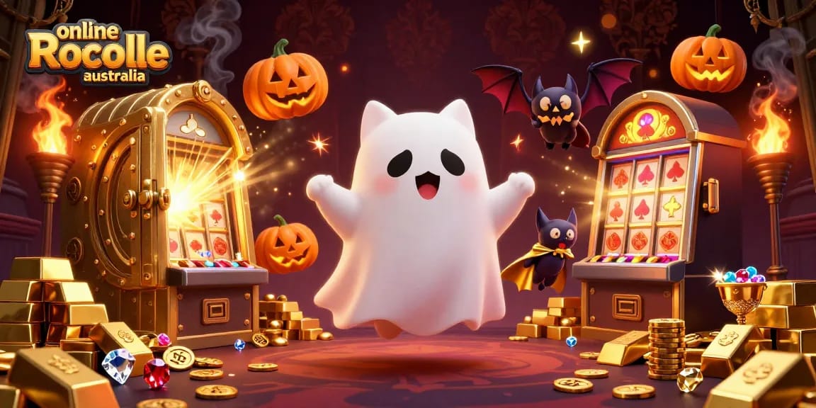 Play online roulette Australia with a ghost cat and vampire bat in a vibrant casino scene.