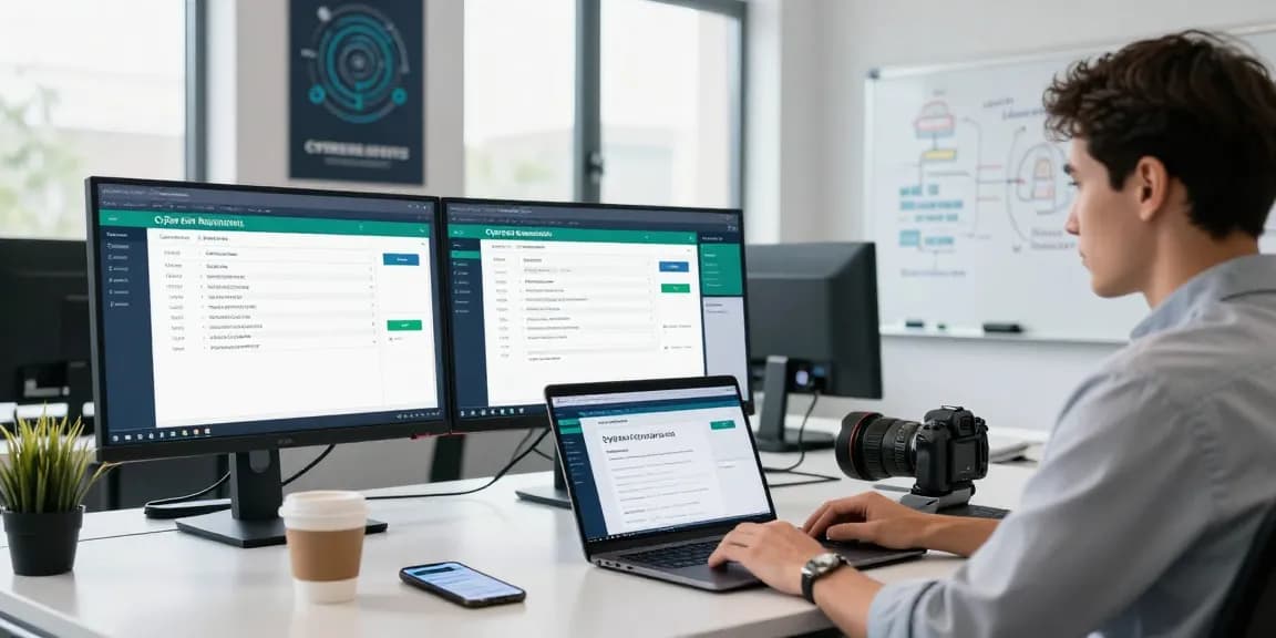 Cyber Essentials requirements checklist displayed on monitors in a modern cybersecurity office.