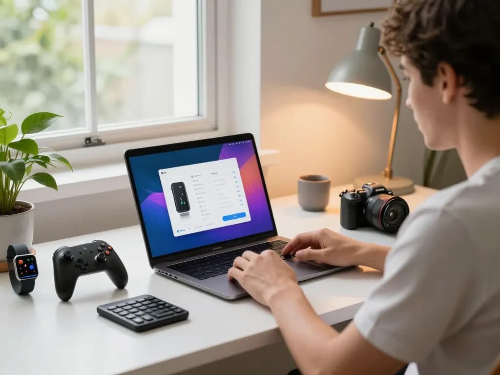Exploring affordable tech gadgets in a cozy home office with Bluetooth devices and a modern laptop.