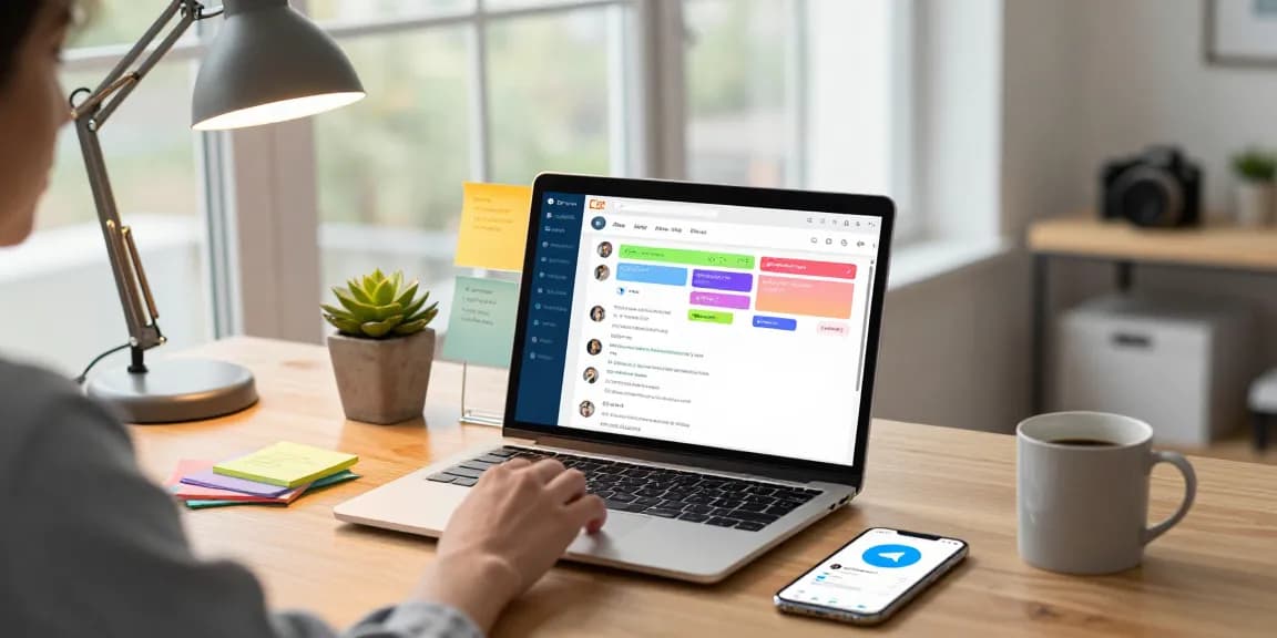 User engaged with the Telegram web version in a modern home office with vibrant communication on laptop.