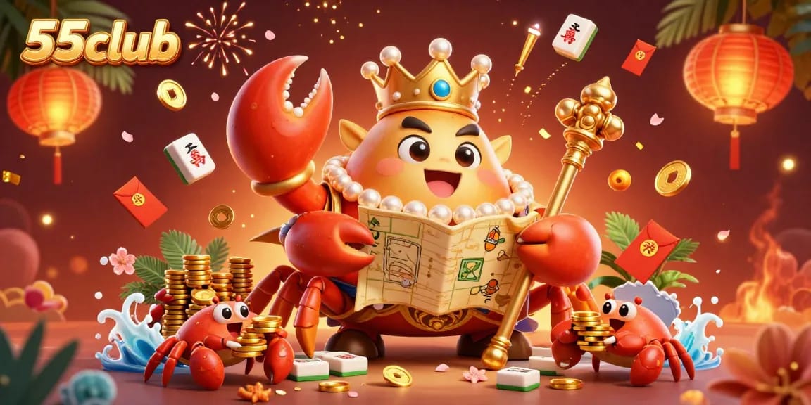 55club brings excitement with a golden crab emperor and rich casino elements in vibrant 3D illustration.