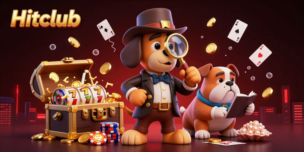 Hitclub reveals a thrilling casino adventure with a detective examining a golden poker chip and slot reels.