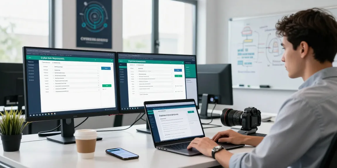 Cyber Essentials requirements checklist displayed on monitors in a modern cybersecurity office.