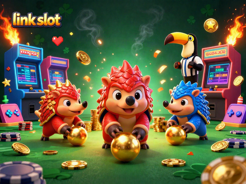 Compete in the exciting link slot game as rival pangolins bowl through poker chips in a vibrant casino