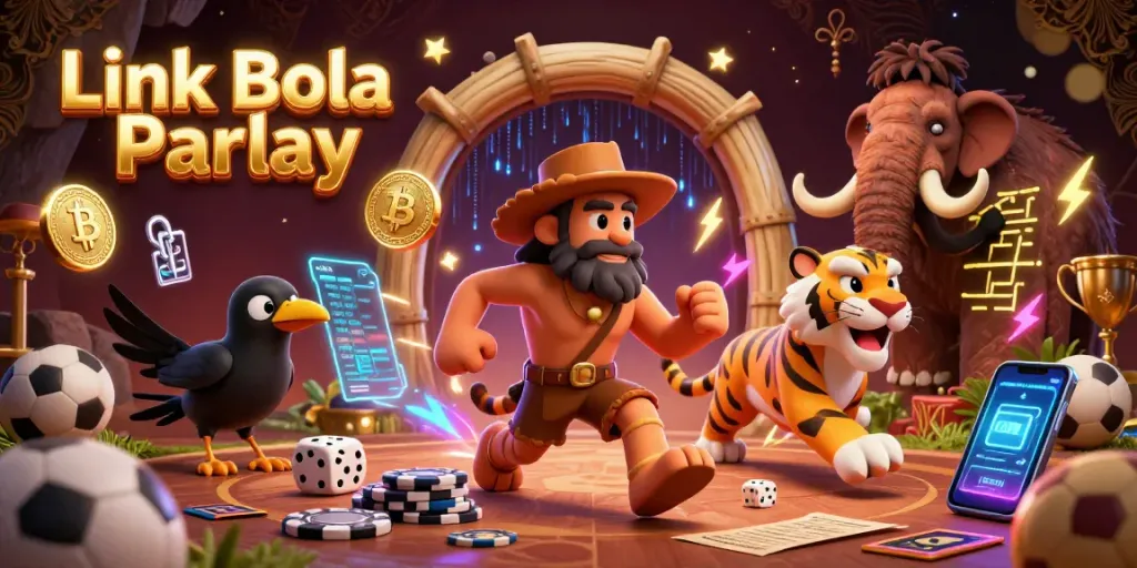 Place bets and enjoy Link Bola Parlay with cartoon caveman and tiger in a vibrant casino scene.