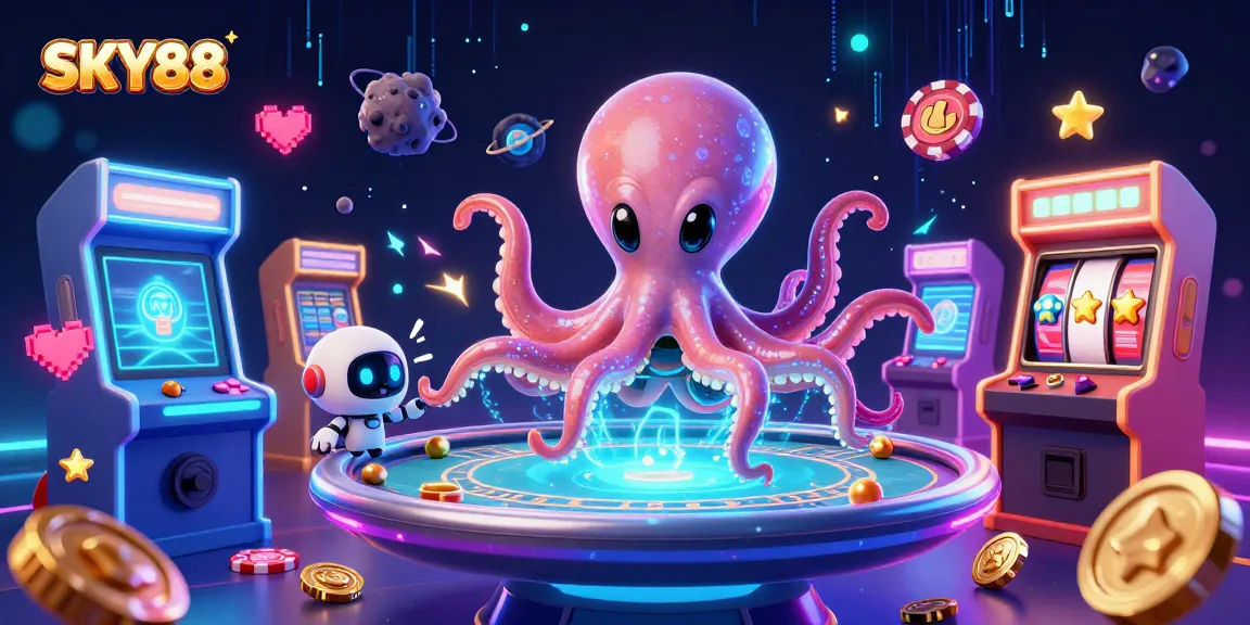 Experience thrilling gaming action with SKY88's vibrant casino-themed 3D scene featuring an alien octopus and arcade elements.
