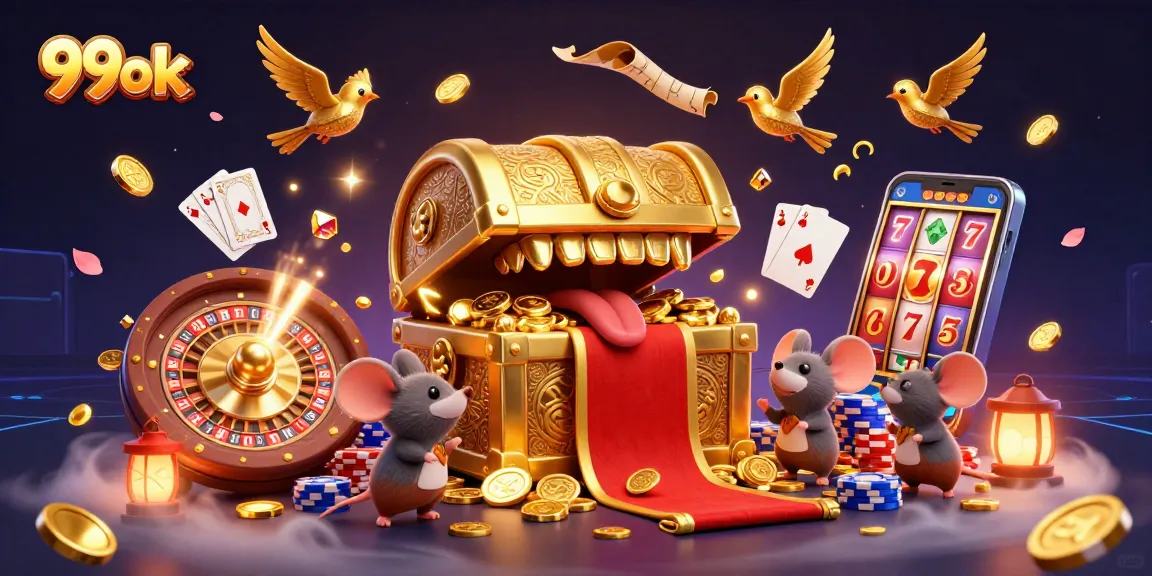 Betting with 99ok: Adventurer mice drawn to golden treasures and rewards in a vibrant casino scene.