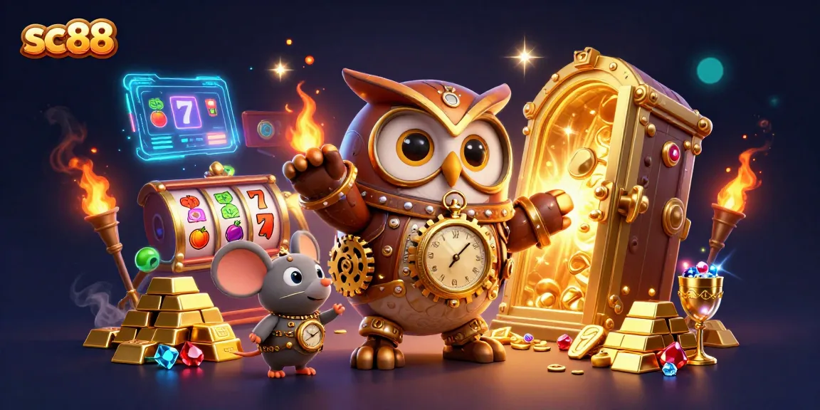 Engage with sc88's thrilling casino scene featuring a steampunk owl and bountiful treasures.