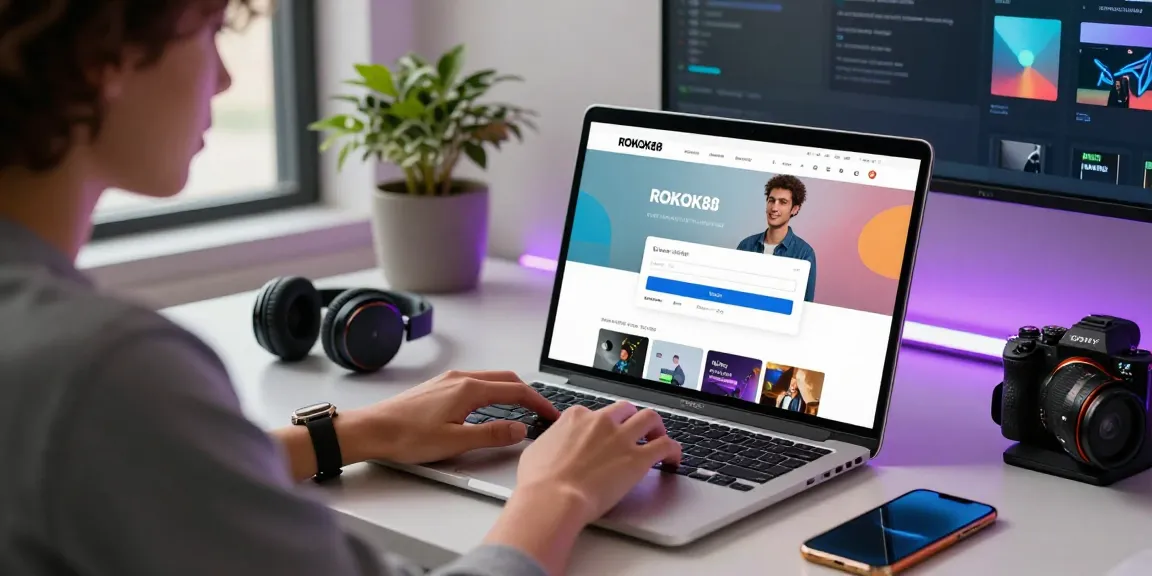 ROKOK88 login interface displayed on a laptop as a user engages with vibrant tech elements.