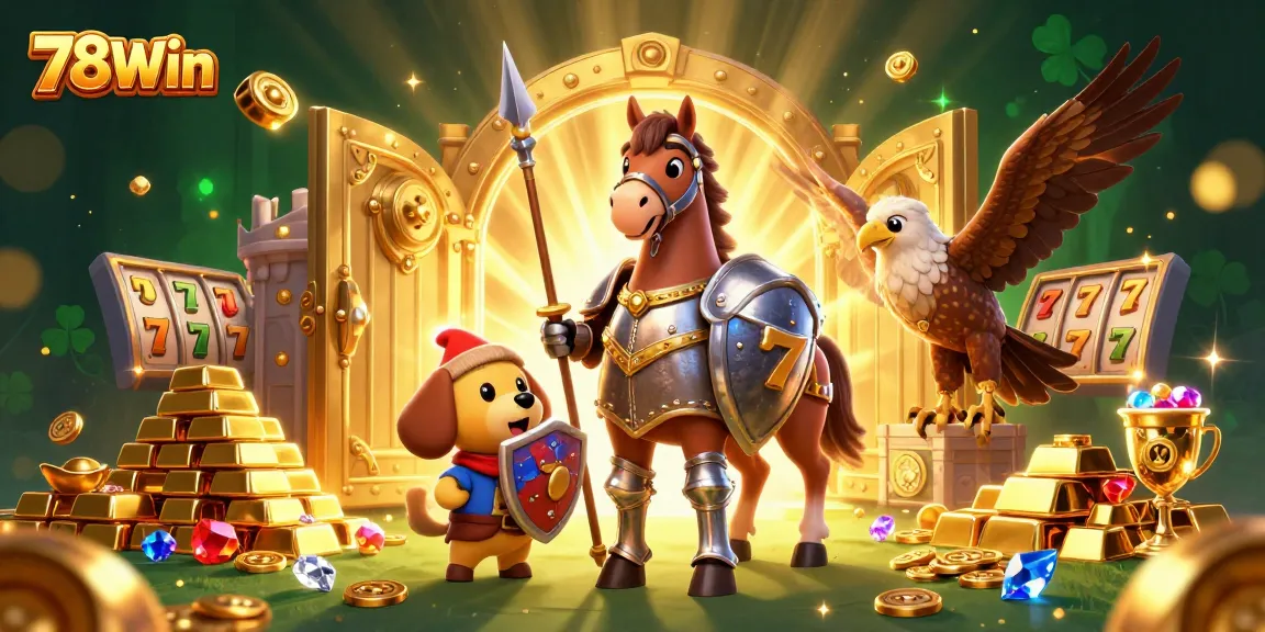 Experience the thrill of winning at 78Win with an exciting casino-themed scene featuring gold treasures and vibrant characters.