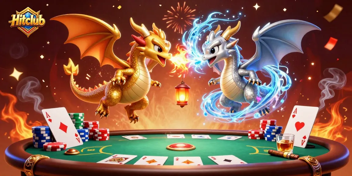 Hitclub offers thrilling poker action with vibrant 3D dragons, chips, and cards swirling in celebration.