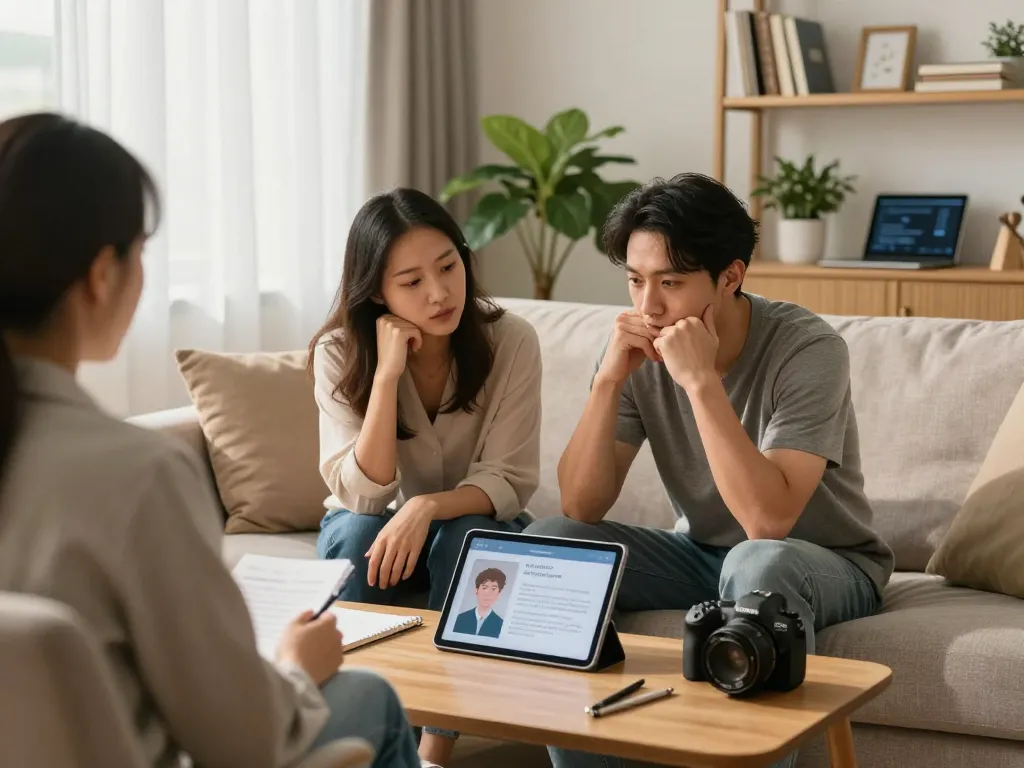 Couple discussing AI sex therapy insights in a cozy counseling office.