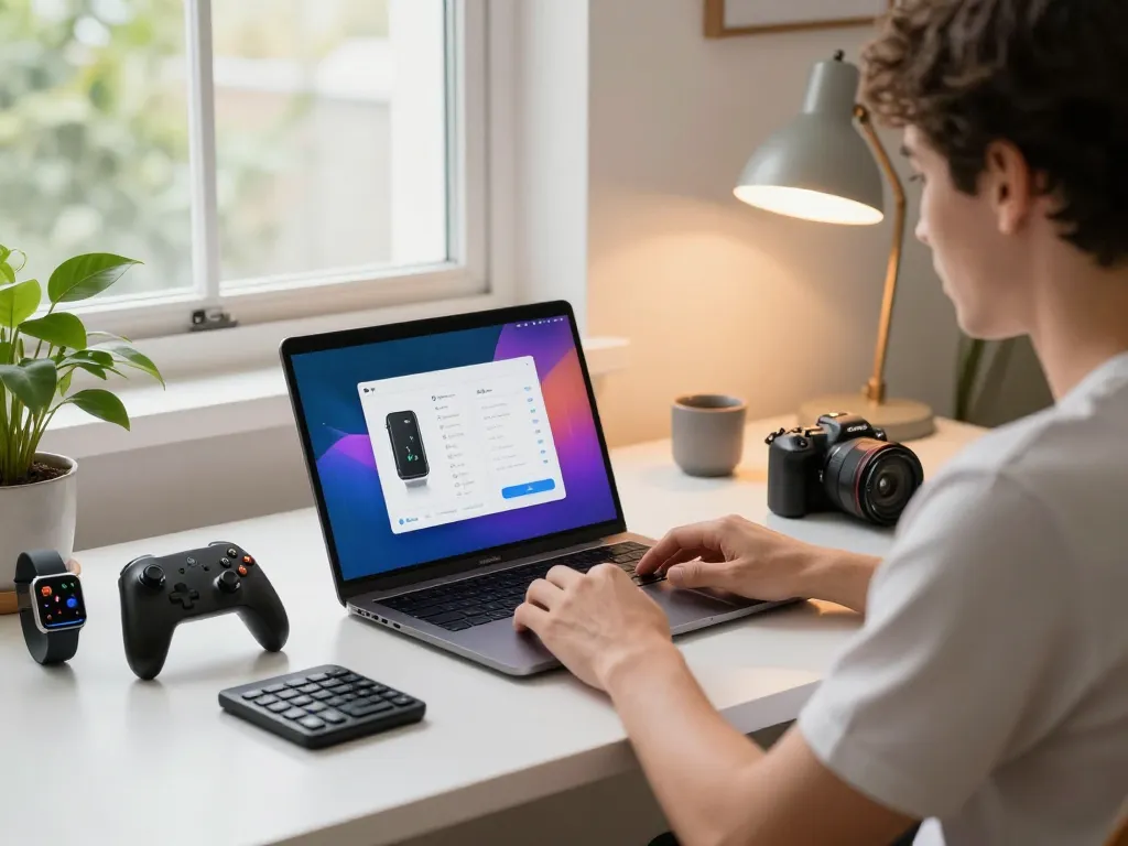 Exploring affordable tech gadgets in a cozy home office with Bluetooth devices and a modern laptop.