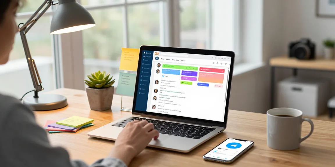 User engaged with the Telegram web version in a modern home office with vibrant communication on laptop.
