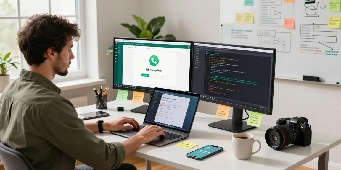 Engaged developer using WhatsApp網頁版 in a modern tech workspace with dual monitors and coding applications.