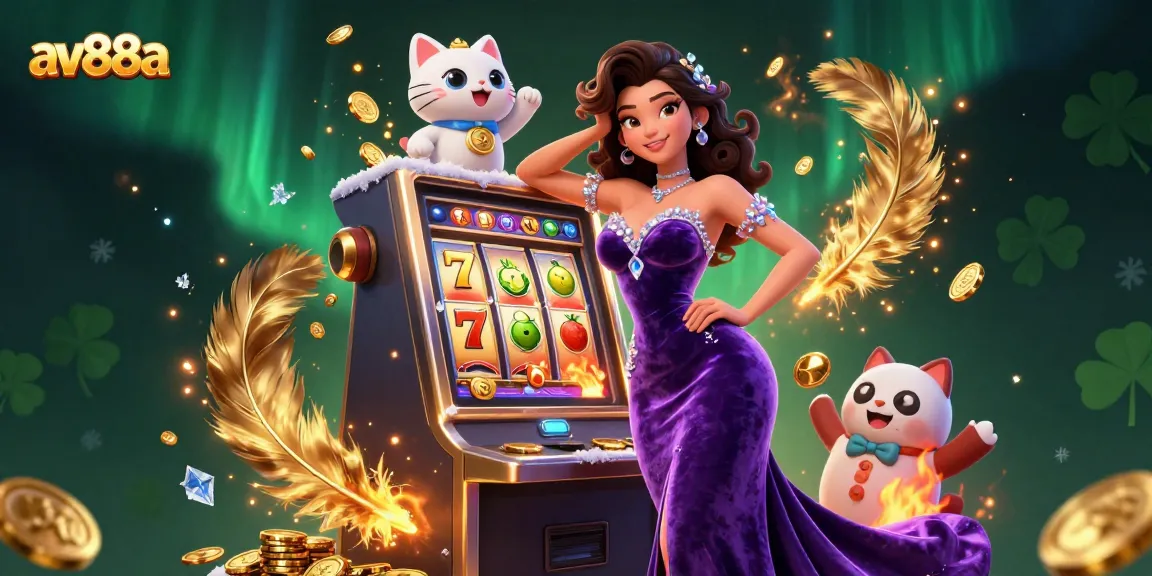 Engage with av88a's thrilling slot machine jackpots featuring a dazzling character and playful fortune cat.