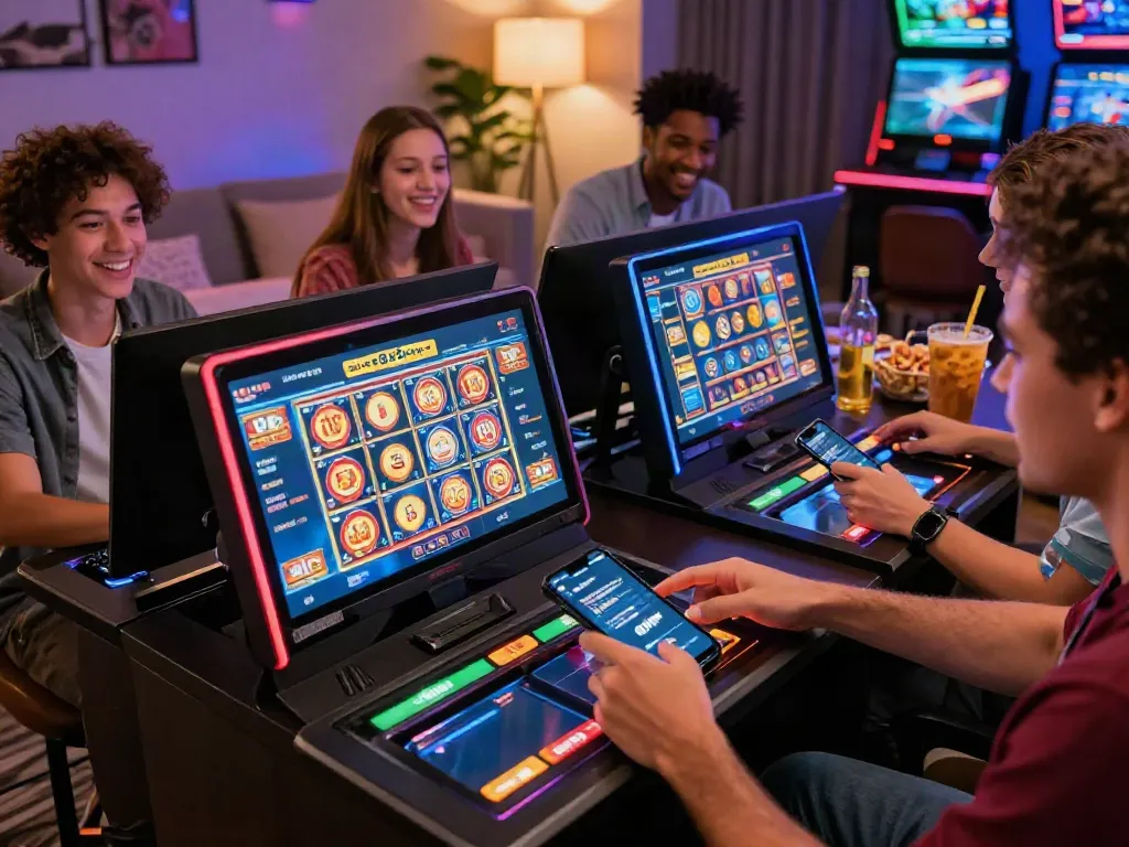Engaging scene of players using slot88 login on mobile devices with vibrant casino visuals.