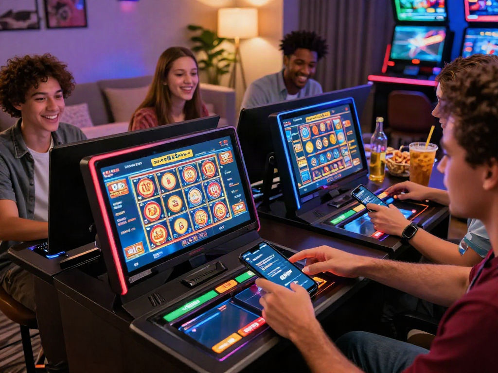 Engaging scene of players using slot88 login on mobile devices with vibrant casino visuals.