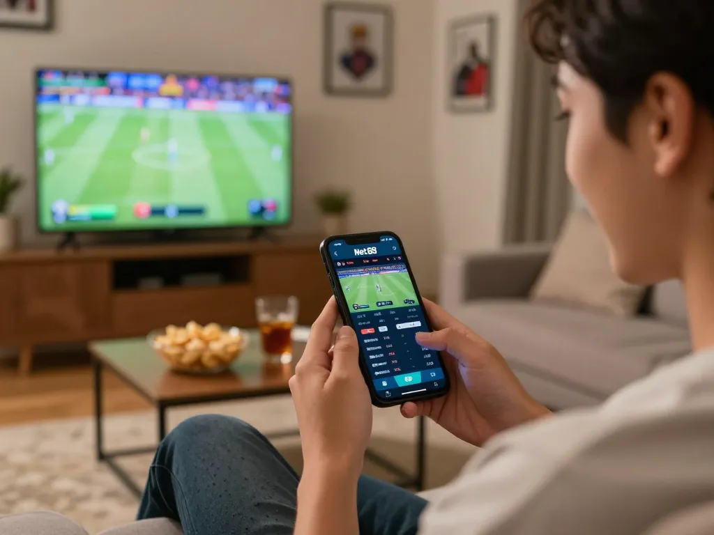 Exciting sports betting at home with Net 88 app displayed on smartphone during a live match.