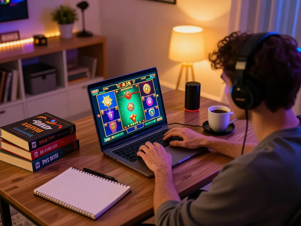 Engaged player trying their luck on raja slot game in a cozy home gaming setup.