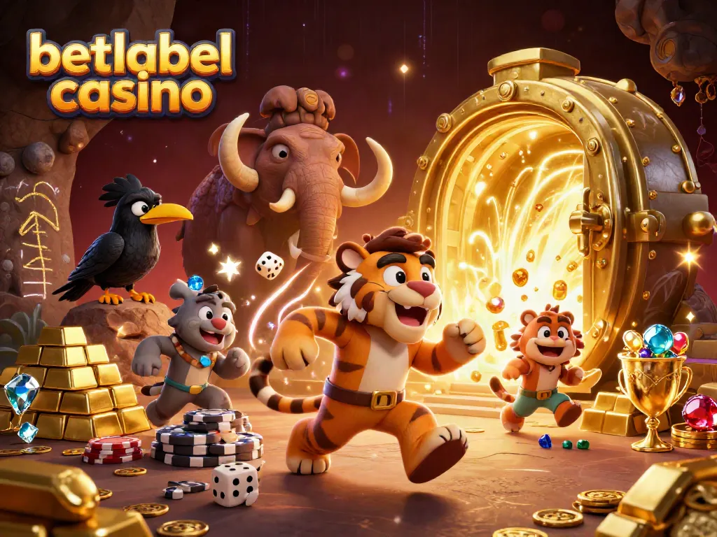 Experience the excitement of betlabel casino with a vibrant 3D illustration of a prehistoric gaming adventure.