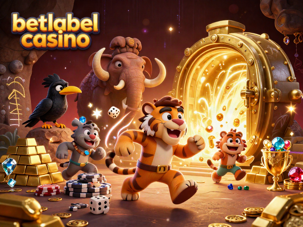 Experience the excitement of betlabel casino with a vibrant 3D illustration of a prehistoric gaming adventure.