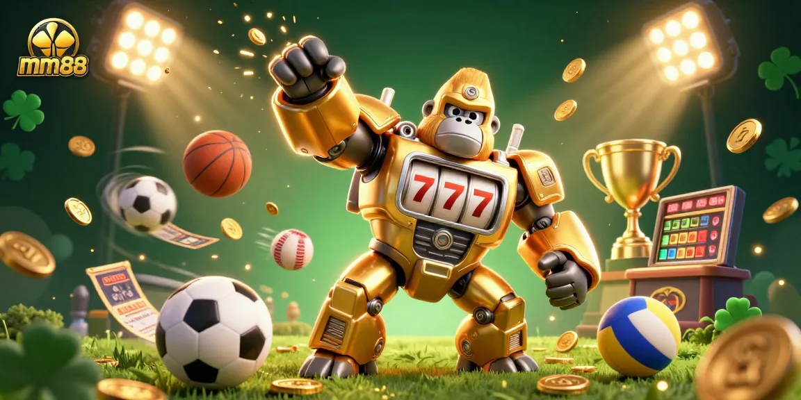 Experience thrilling gaming action with mm88 in a vibrant 3D casino scene featuring a golden gorilla mech.