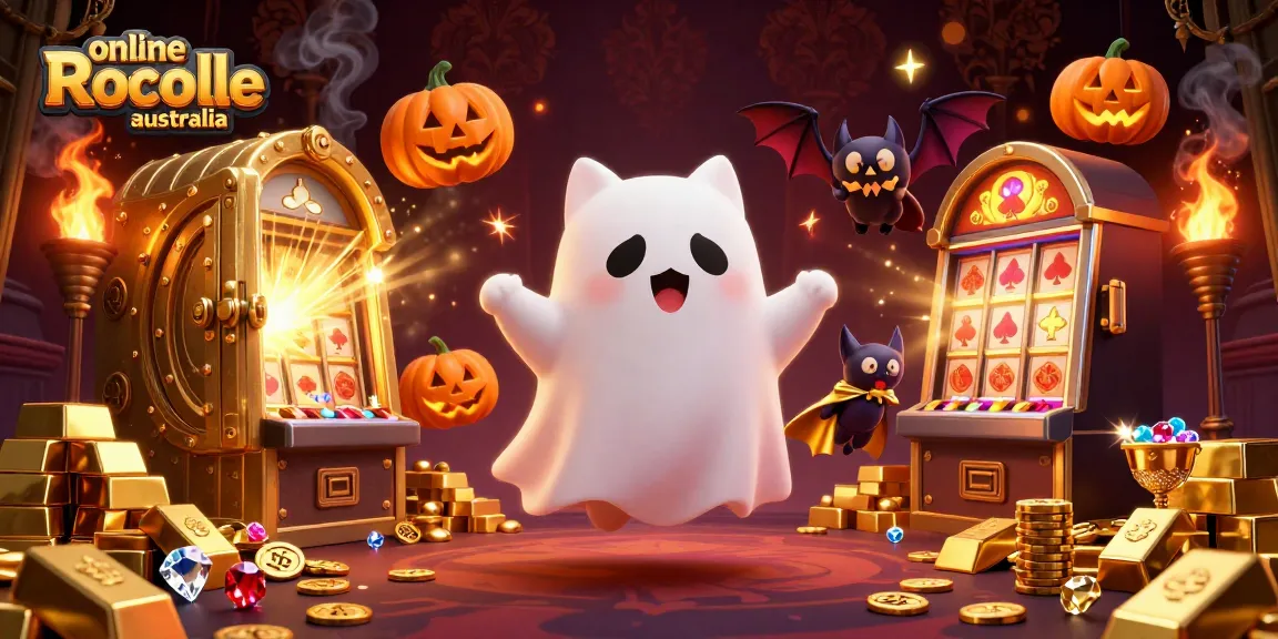 Play online roulette Australia with a ghost cat and vampire bat in a vibrant casino scene.