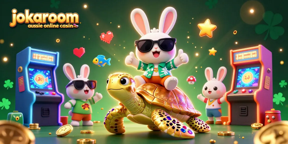 Experience the fun at jokaroom aussie online casino with a lucky rabbit and golden turtle in this 3D illustration.