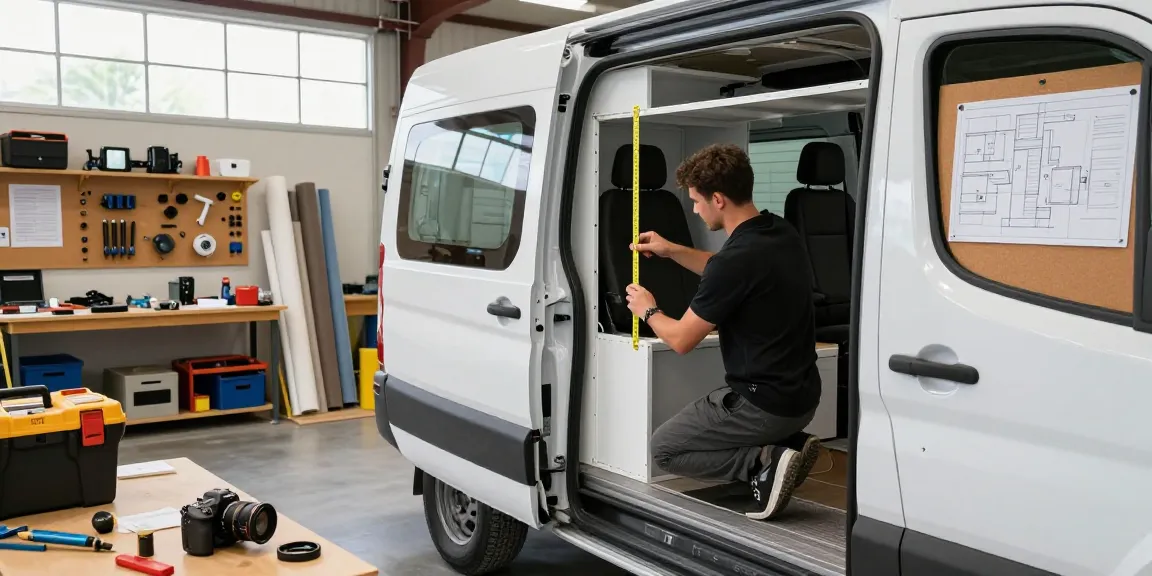 Allestimento furgoni prezzi: professionista misura componenti per van in un workshop attrezzato.