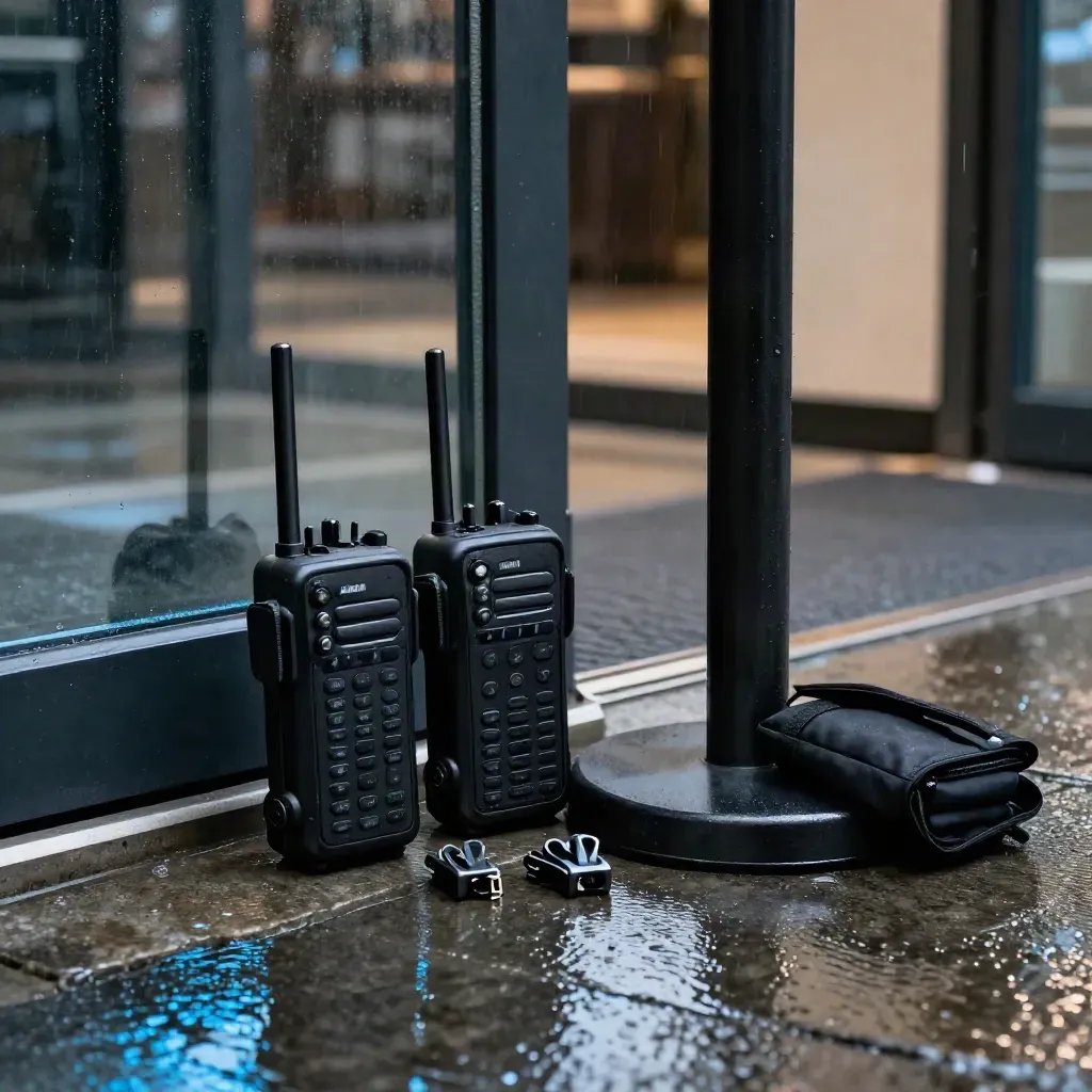 Kit di sicurezza evento con radio nere, bracciali bianchi, base di barriera e cavi, davanti a un ingresso bagnato.