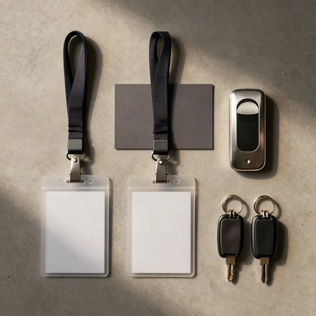 Flat lay dall'alto con badge, laccetti, clicker e portachiavi su cemento spazzolato.