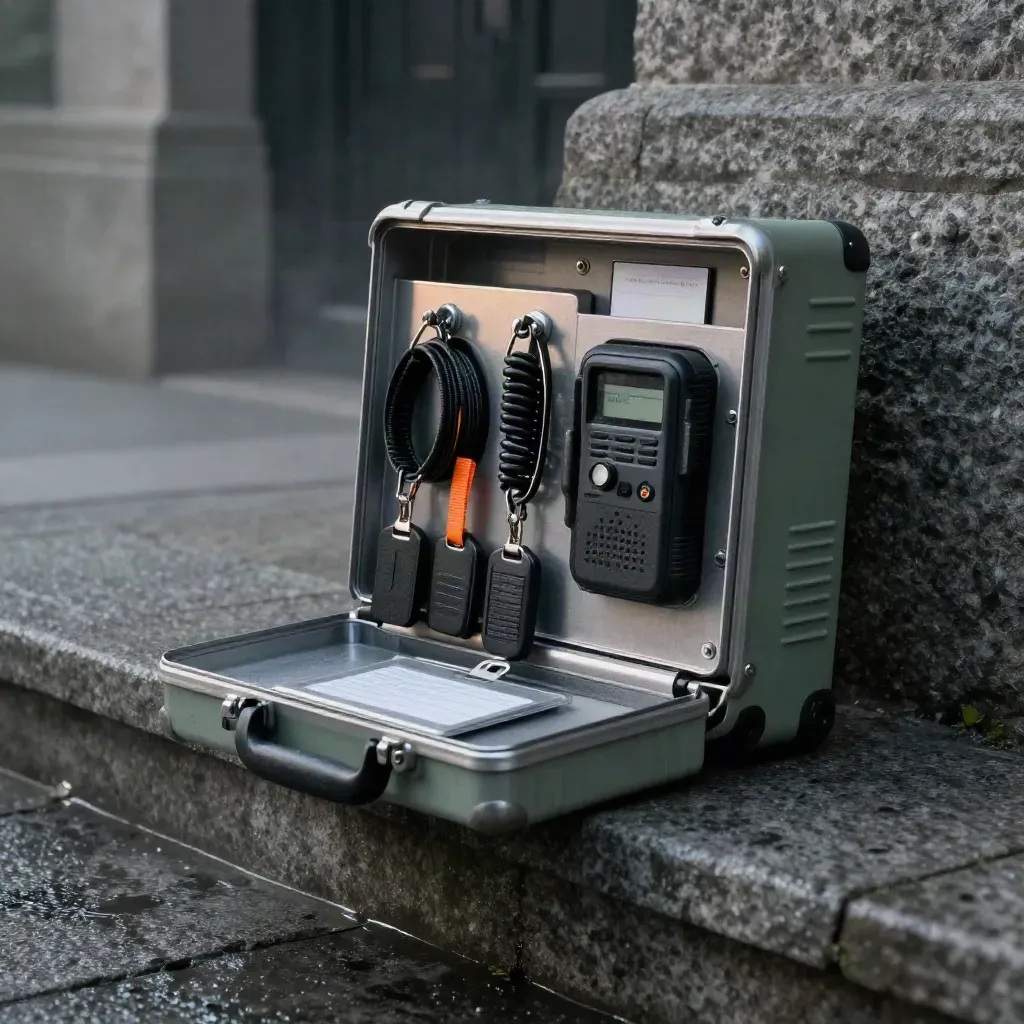 Kit accessi grafite aperto su soglia di pietra, con badge, radio e lanyard in luce drammatica.