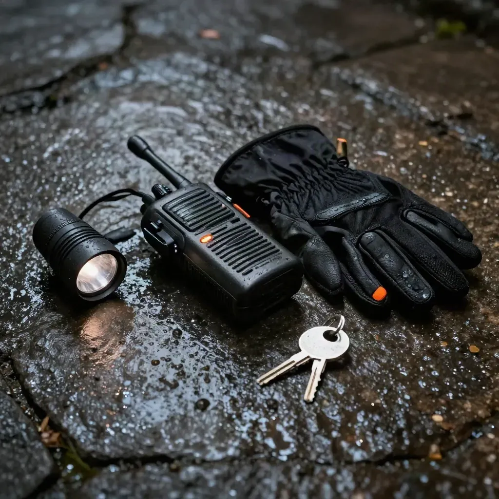 Kit pattuglia notturna su pietra bagnata: torcia, radio, guanti e portachiavi.