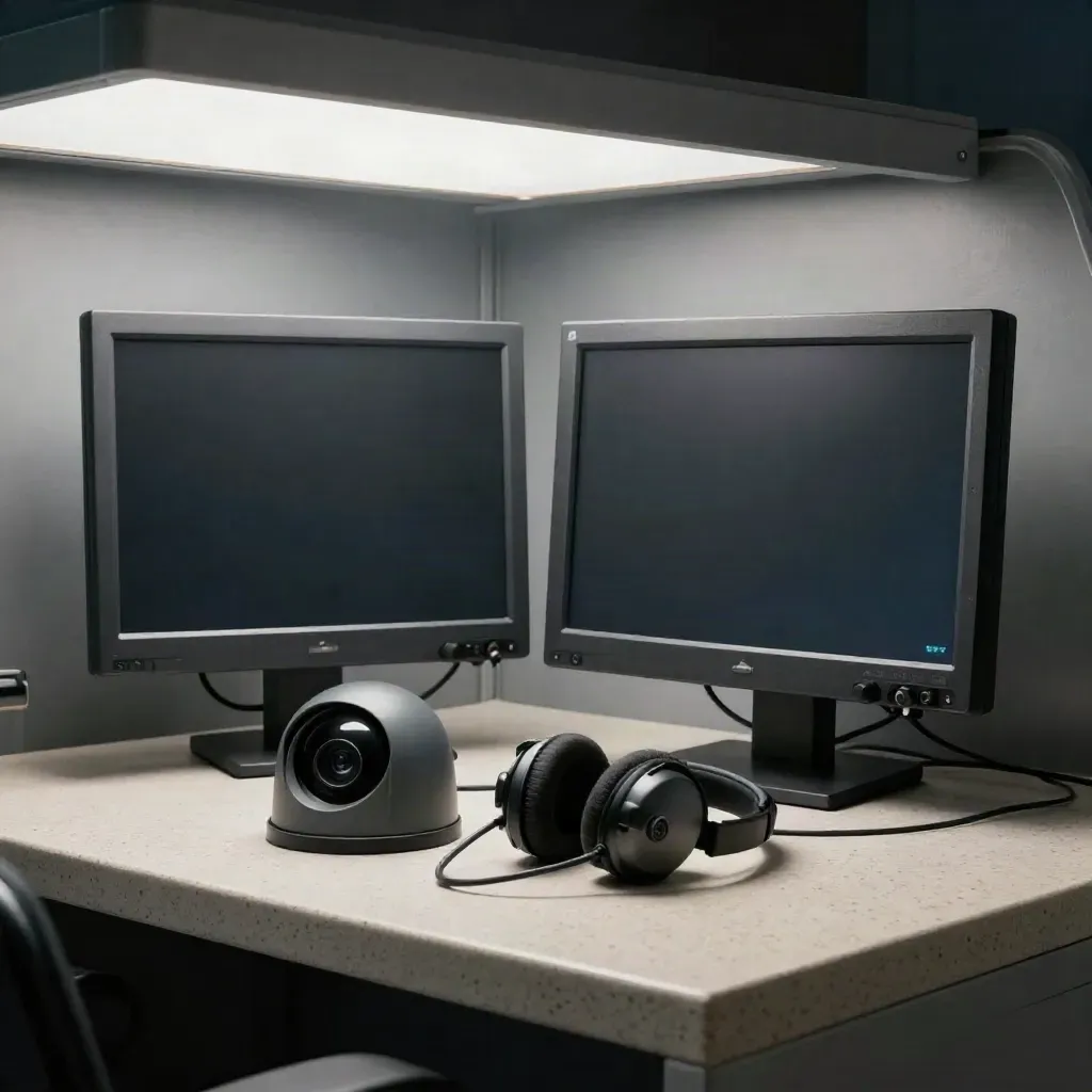 Set di monitoraggio CCTV con telecamere, cuffie e cavi in una sala controllo buia