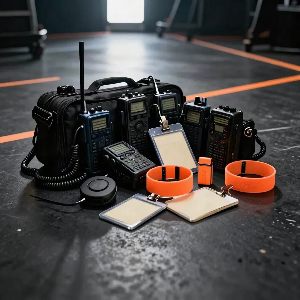 Kit sicurezza eventi su fondo nero con radio, braccialetti arancioni e segnalatori in luce drammatica.