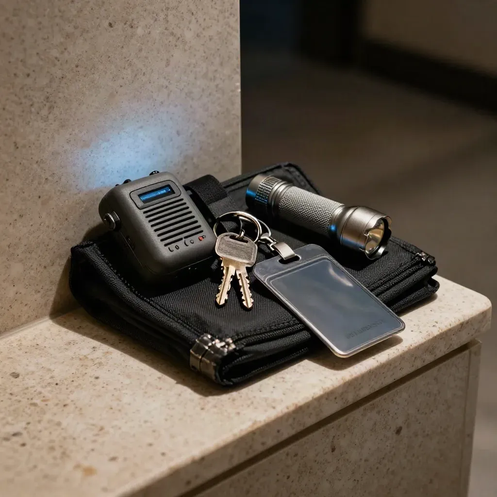 Kit notte per portineria condominiale con radio, torcia e portachiavi su travertino.