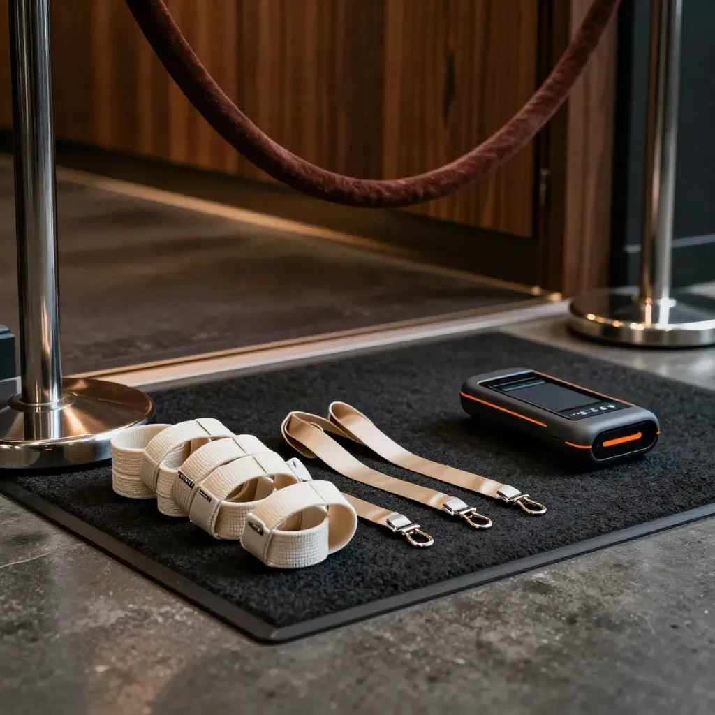 Kit accessi eventi con braccialetti, lanyard e scanner, su ingresso scuro con luce drammatica.