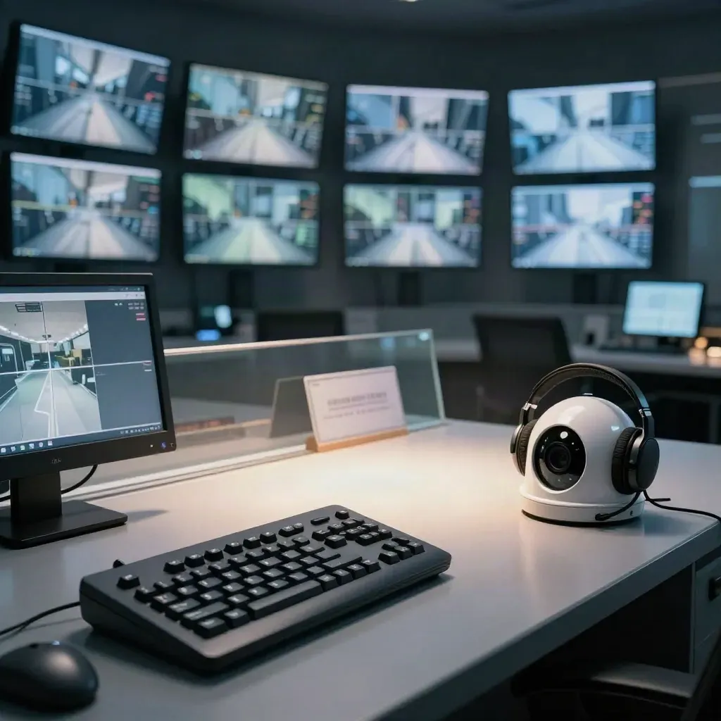 Postazione di controllo CCTV con monitor, controller, cuffie e cupola camera in luce soffusa.