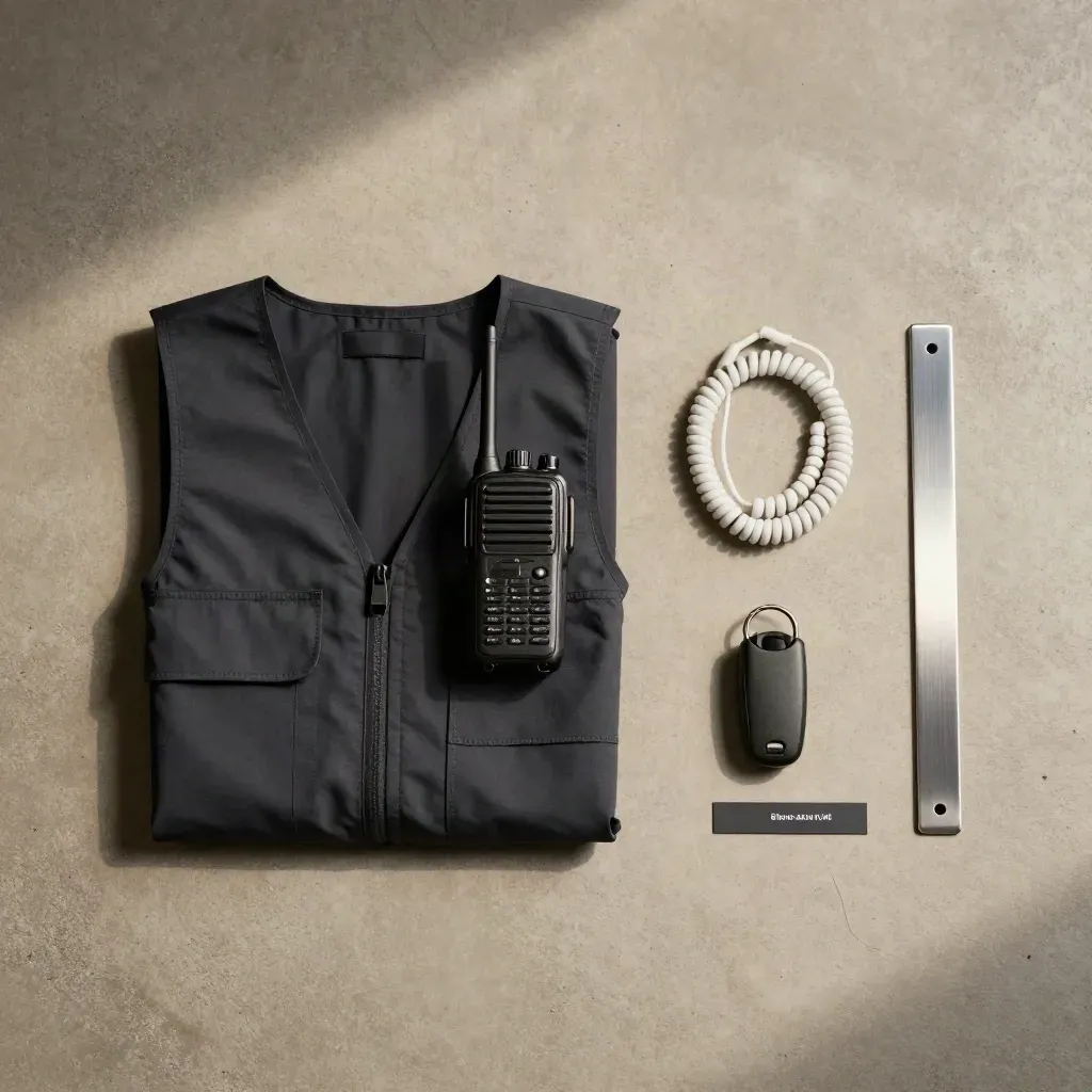 Kit sicurezza retail con giubbotto, radio, auricolare e portachiavi su lastra in cemento chiaro.