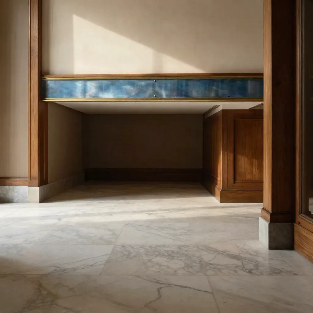 Foyer in marmo illuminato dal sole con corridoio alto e dettaglio in ottone.