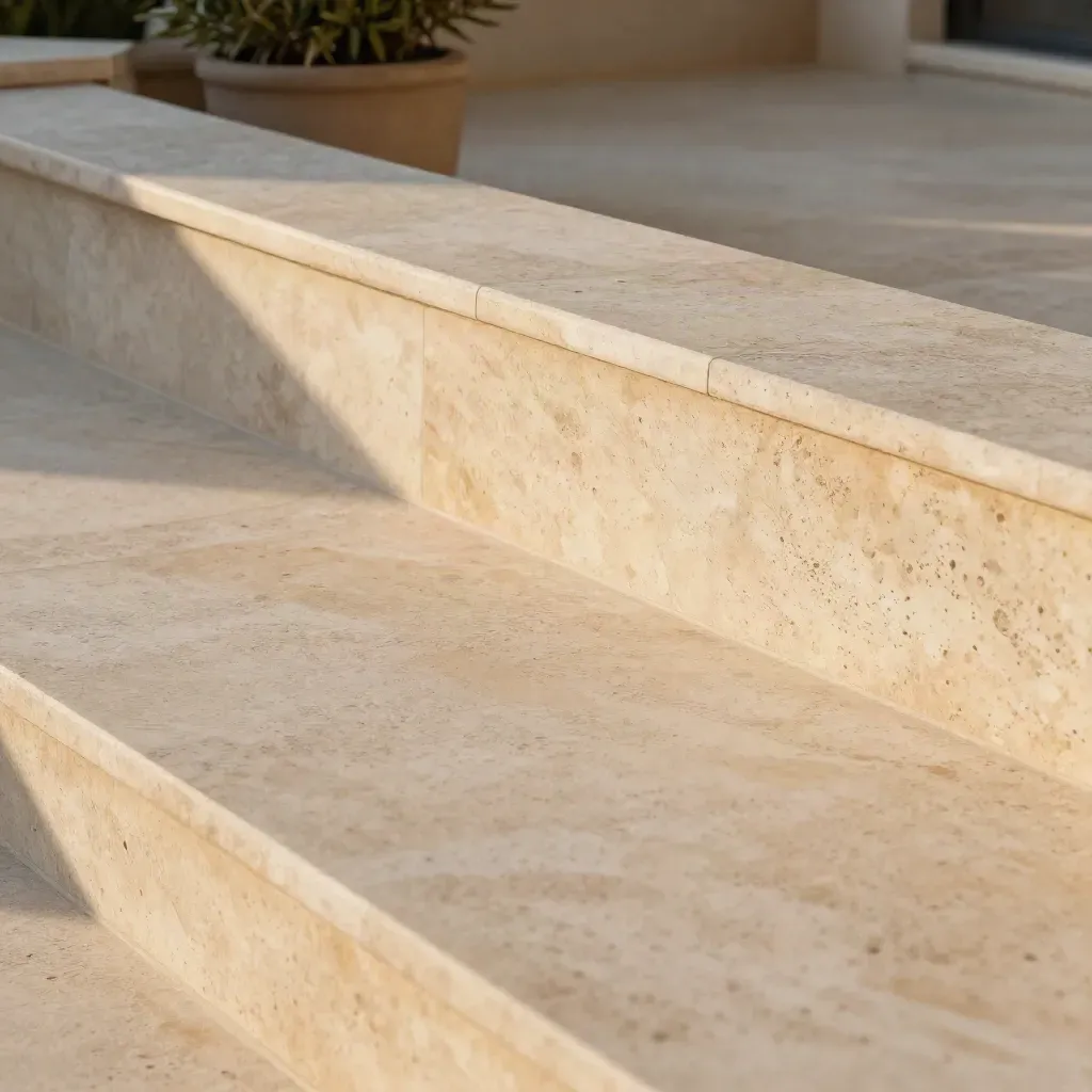 Terrazza in travertino con ombre del balcone e vaso d’ulivo sfocato all’alba