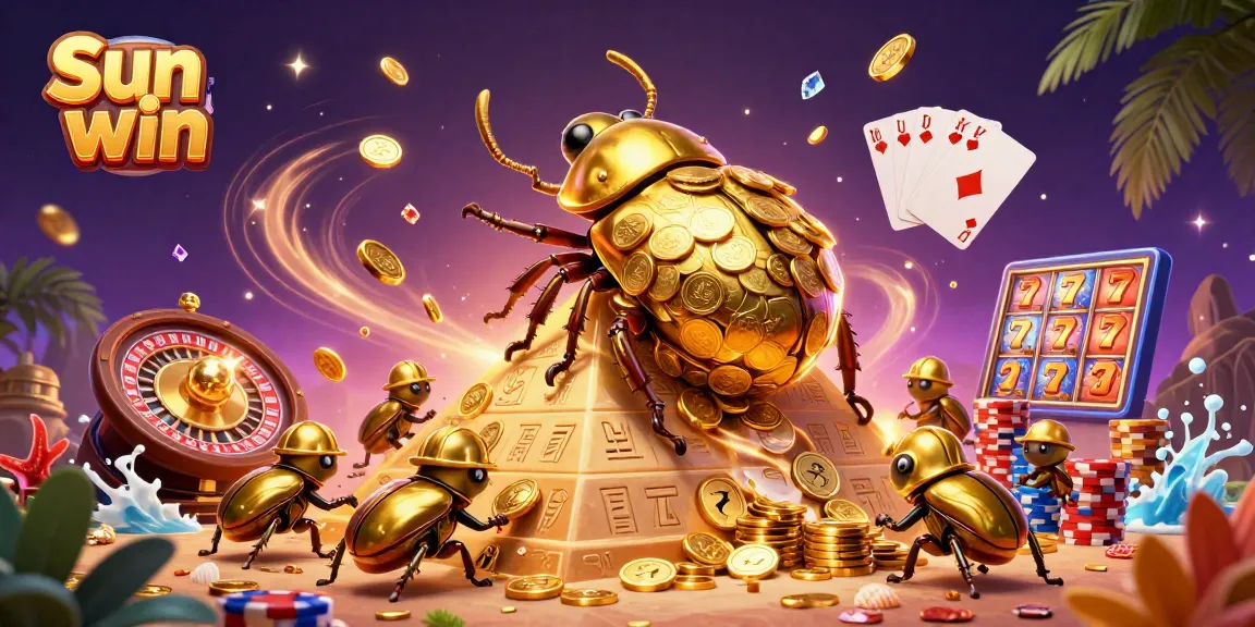 Play and win big at Sun win with a vibrant 3D casino illustration of a golden beetle and slot games.