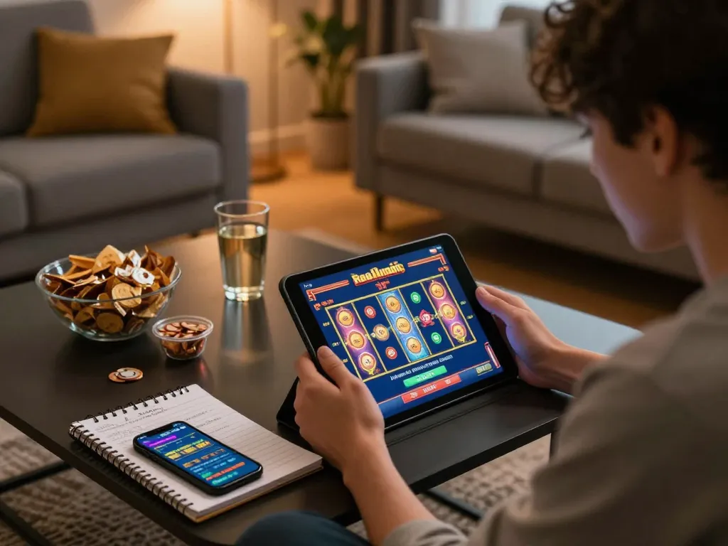 Sesi permainan online yang menarik dengan permainan raja slot di tablet, menampilkan permainan strategis dalam suasana rumah yang nyaman.