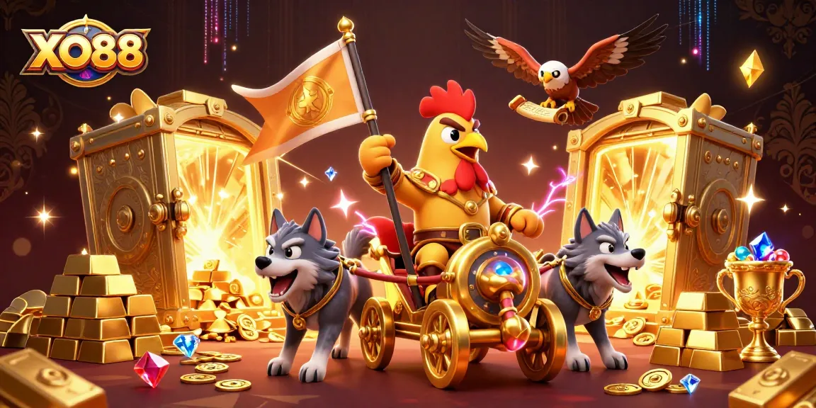 Experience winning excitement at XO88 with a dynamic 3D casino illustration featuring a rooster warlord.