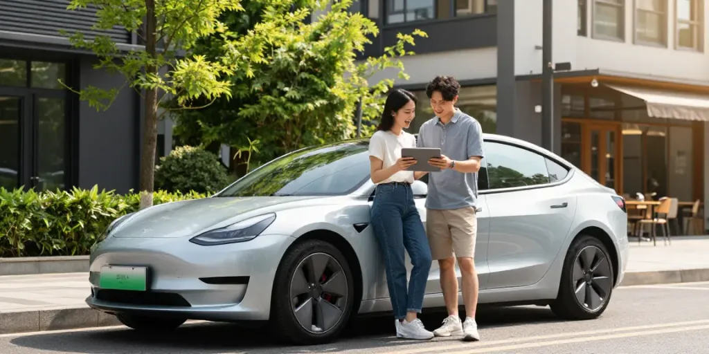 Noleggio lungo termine Tesla con una coppia che discute le opzioni di leasing in un ambiente urbano vivace.