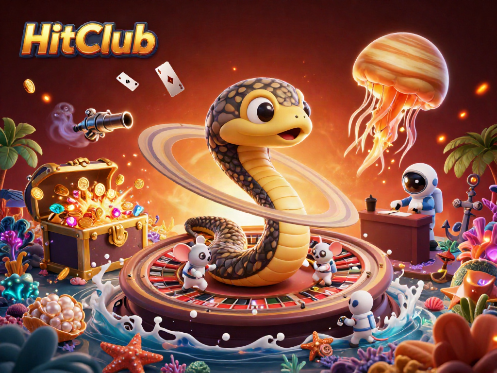 HitClub gaming experience with a cosmic roulette wheel and astronauts betting around a wealthy underwater scene.