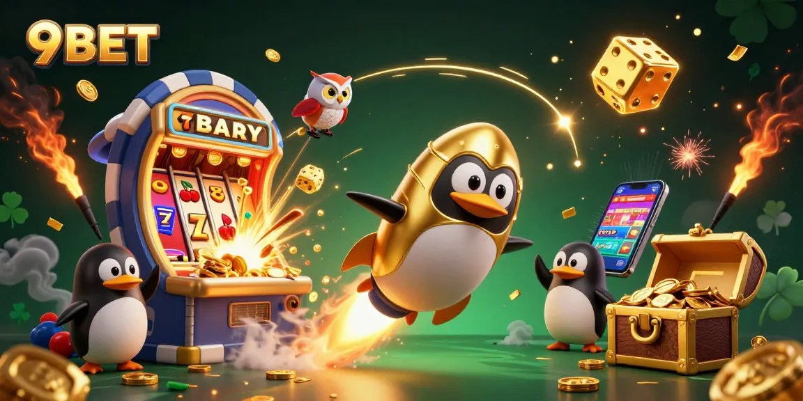 Engage in thrilling gameplay at 9BET with a vibrant scene of gold coins, slots, and an exciting casino atmosphere.